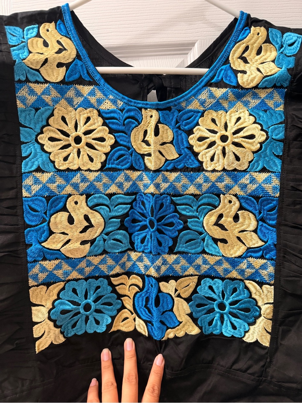 Mexican Embroidered Floral Top with Blue & Gold Accents - Picture 2 of 3